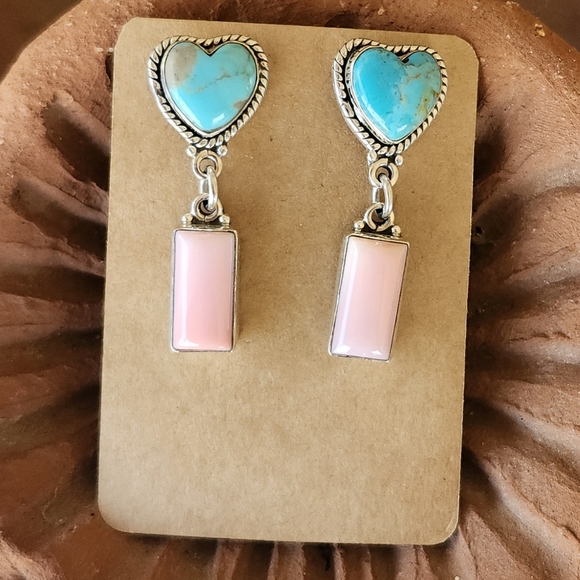 Native American Sterling Silver Turquoise Pink Conch Heart Dangle Slab Earrings - Picture 2 of 6